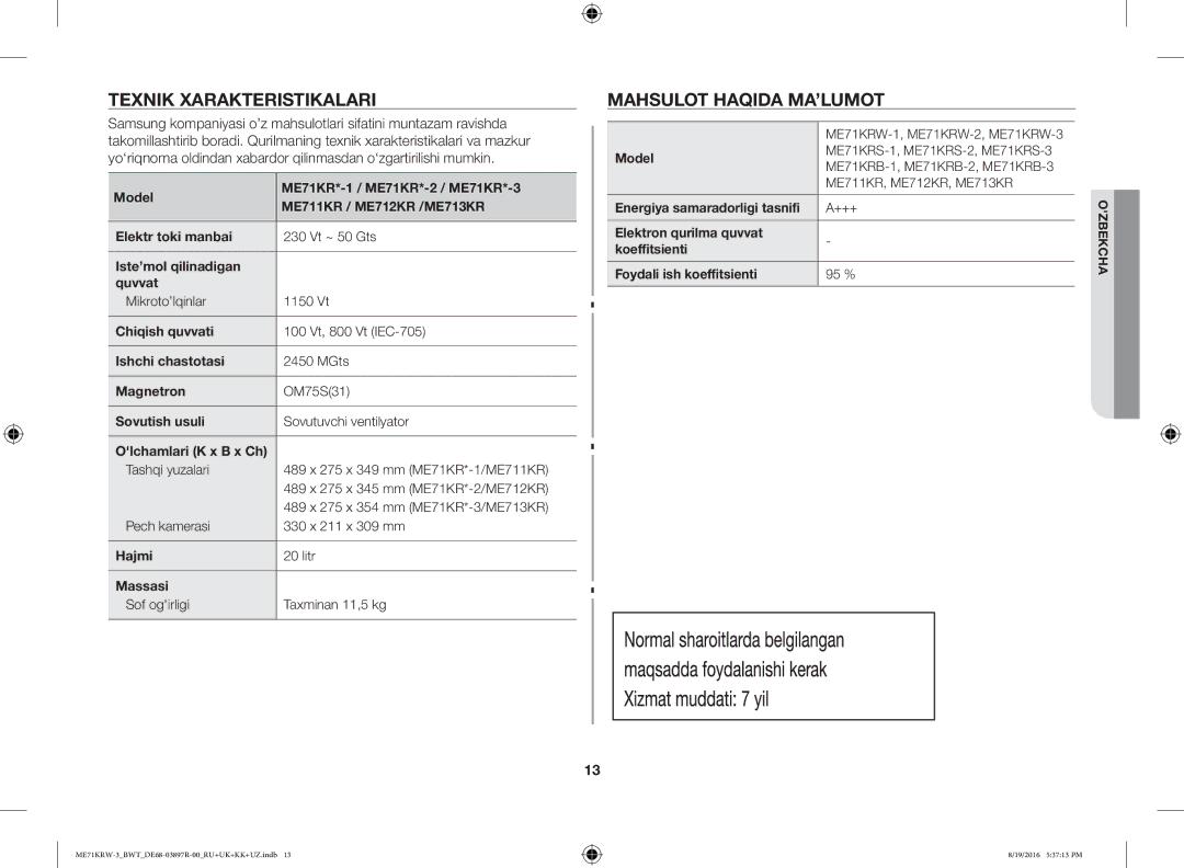 Samsung ME71KRW-3/BWT manual Texnik Xarakteristikalari, Mahsulot Haqida MA’LUMOT 