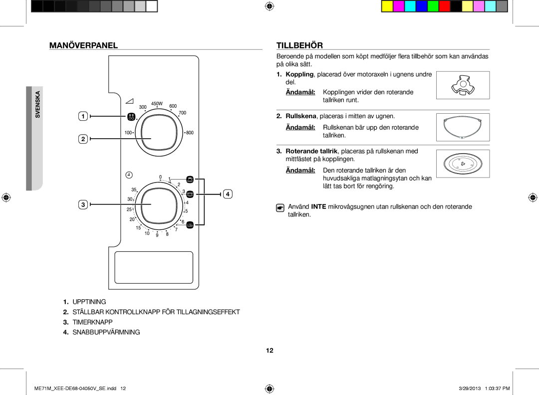 Samsung ME71M/XEE manual Manöverpanel, Tillbehör 