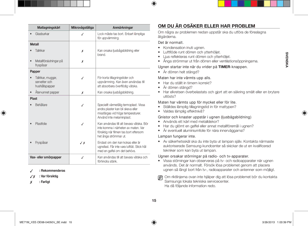 Samsung ME71M/XEE manual Om du är osäker eller har problem 