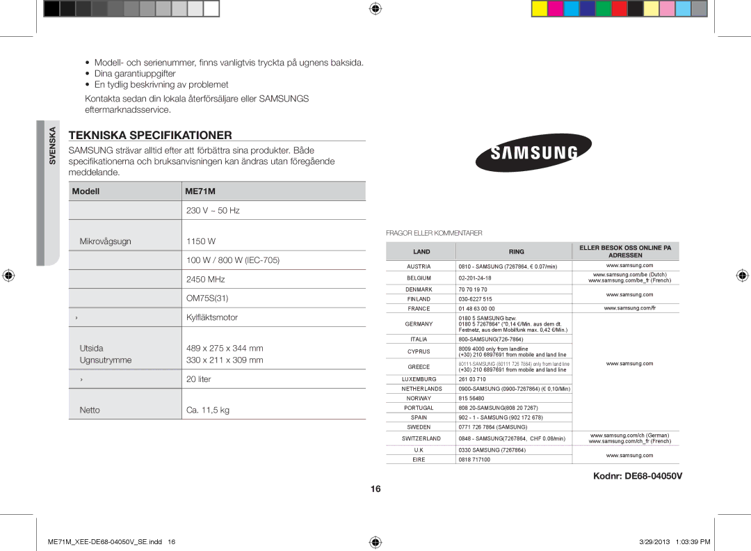 Samsung ME71M/XEE manual Tekniska specifikationer, Modell 