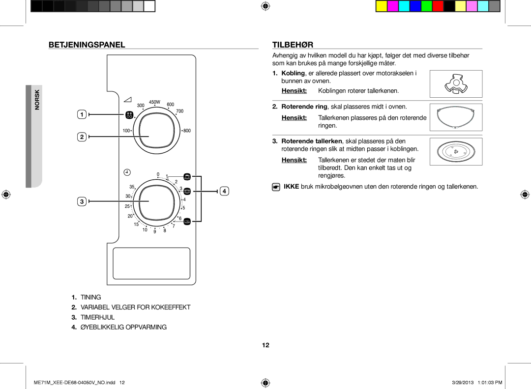 Samsung ME71M/XEE manual Betjeningspanel Tilbehør 