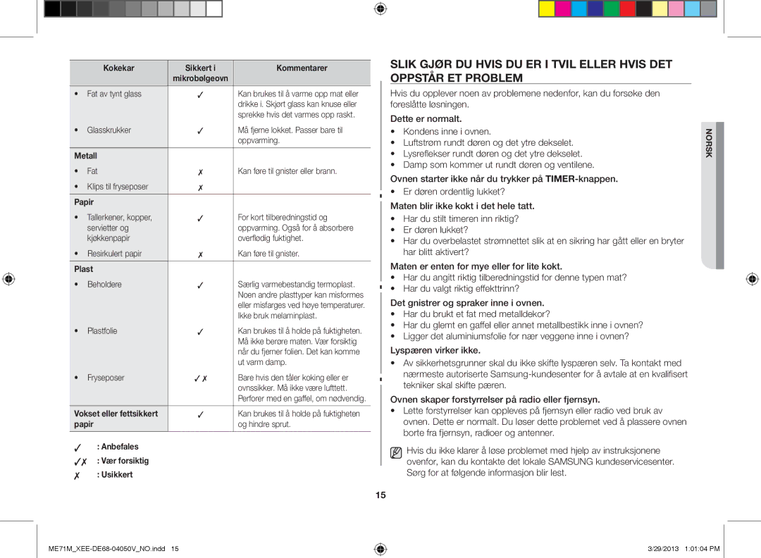 Samsung ME71M/XEE manual Papir, Anbefales Vær forsiktig Usikkert 