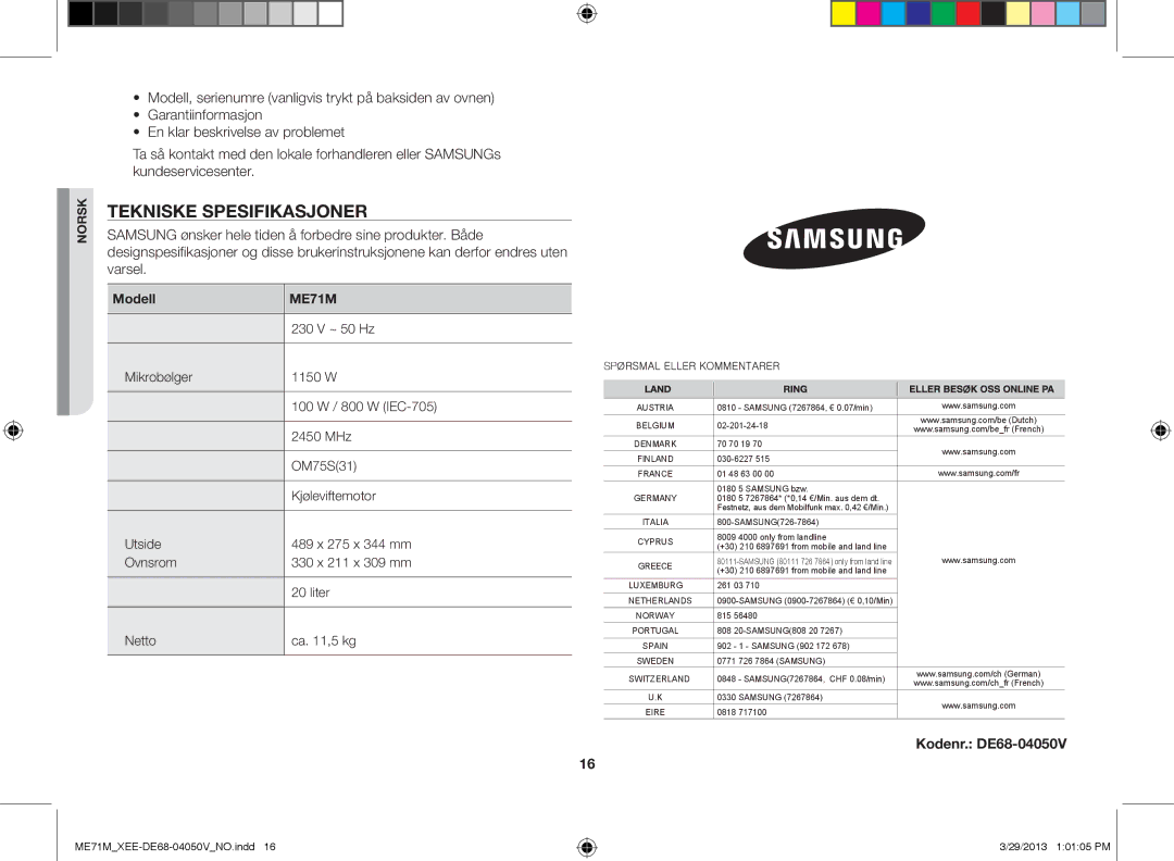 Samsung ME71M/XEE manual Tekniske spesifikasjoner, Modell 