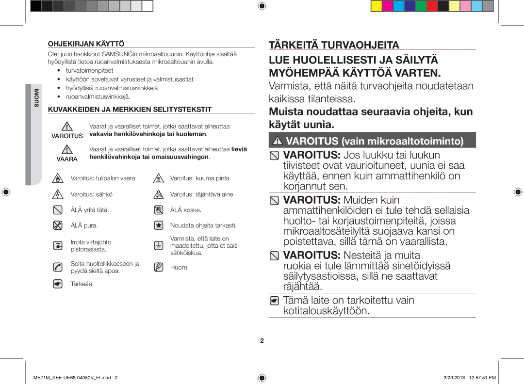 Samsung ME71M/XEE manual Käyttää, ennen kuin ammattihenkilö on korjannut sen, Ohjekirjan käyttö 