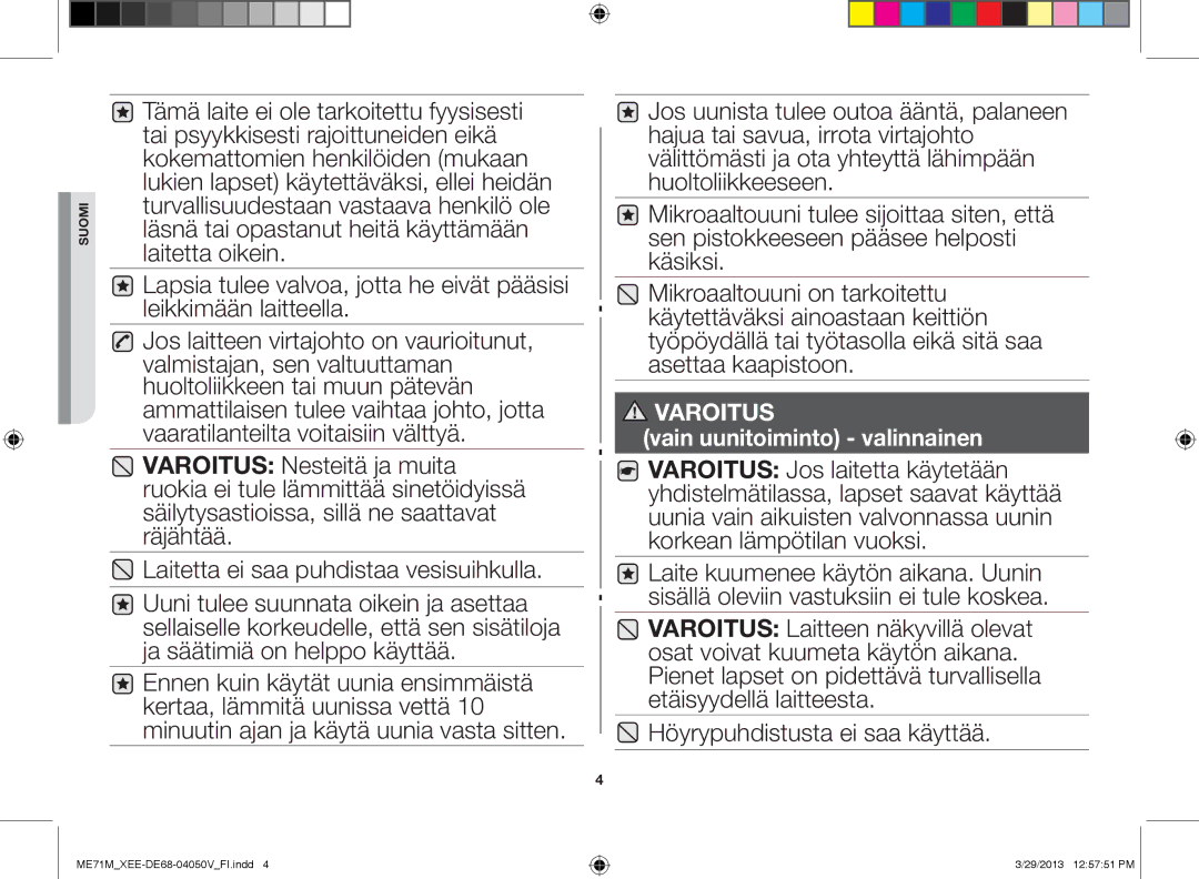 Samsung ME71M/XEE manual Varoitus 