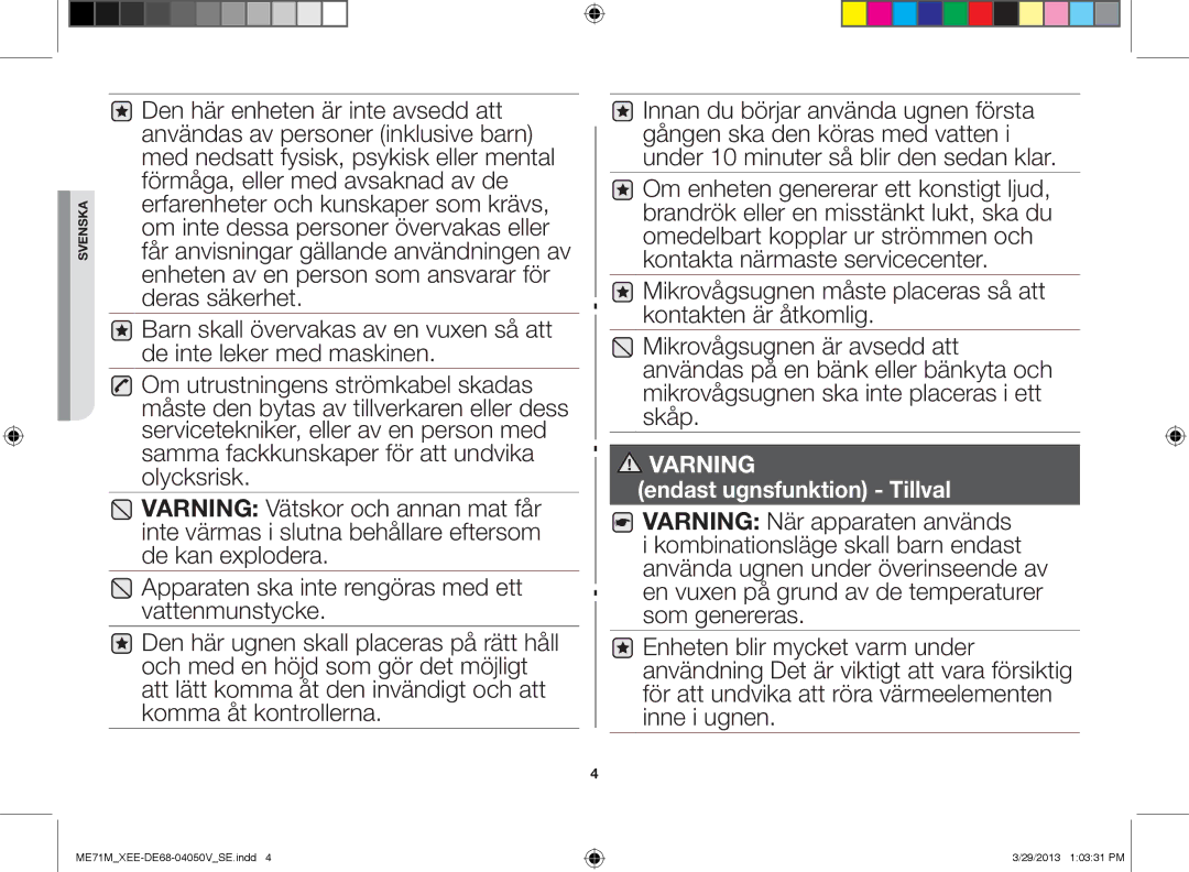 Samsung ME71M/XEE manual Varning 