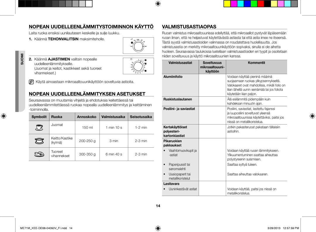 Samsung ME71M/XEE Nopean uudelleenlämmitystoiminnon käyttö, Nopean uudelleenlämmityksen asetukset, Valmistusastiaopas 