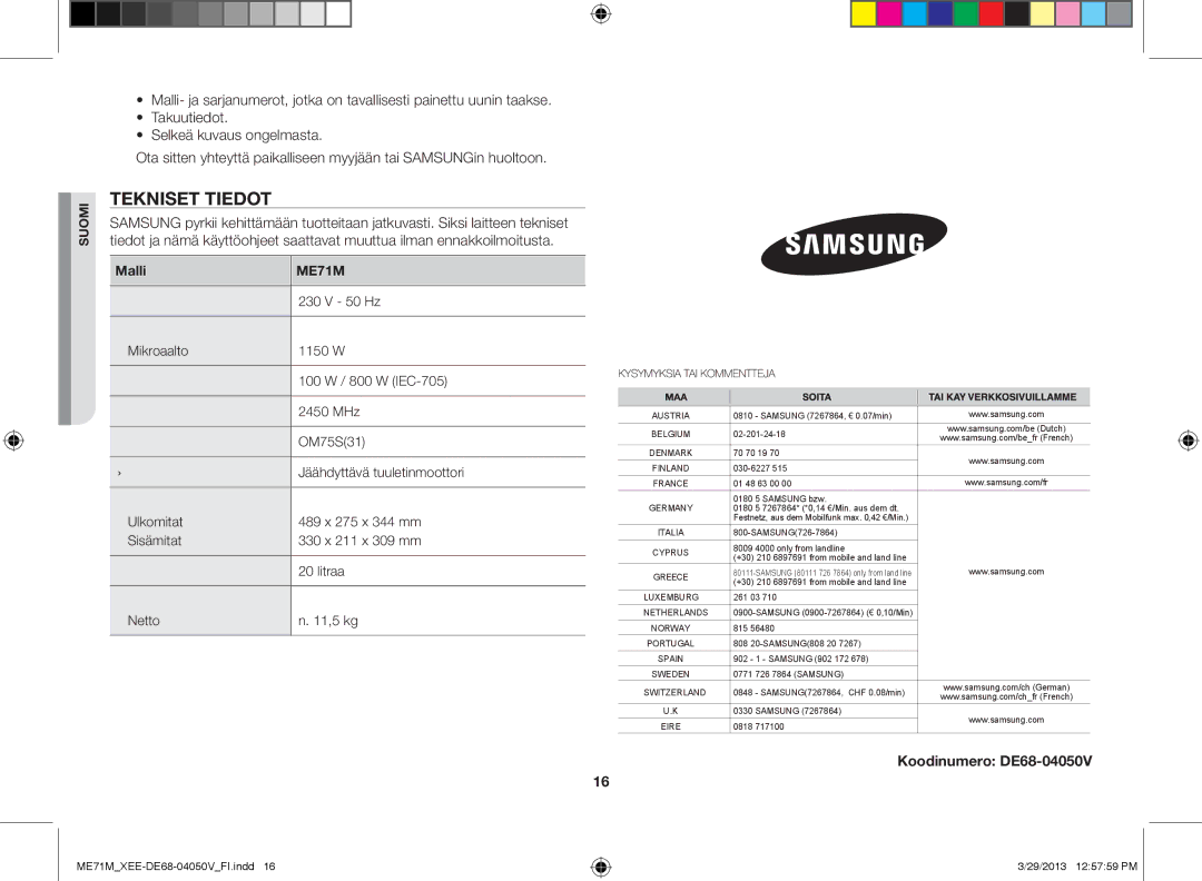 Samsung ME71M/XEE manual Tekniset tiedot, Malli 