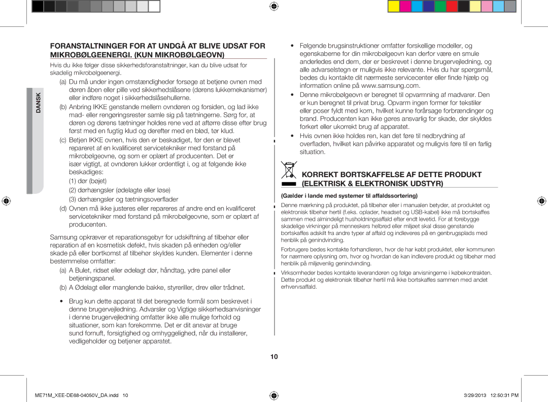 Samsung ME71M/XEE manual Gælder i lande med systemer til affaldssortering 