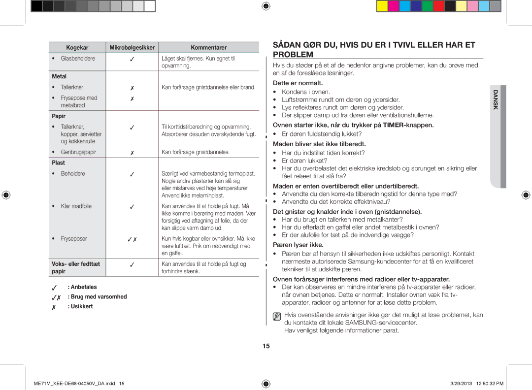 Samsung ME71M/XEE manual Sådan gør du, hvis du er i tvivl eller har et problem, Metal, Voks- eller fedttæt 