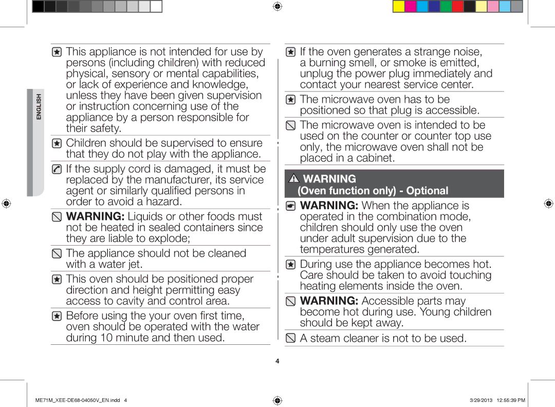 Samsung ME71M/XEE manual Steam cleaner is not to be used, Oven function only Optional 