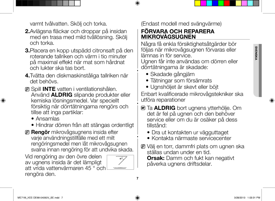 Samsung ME71M/XEE manual Förvara och reparera mikrovågsugnen 