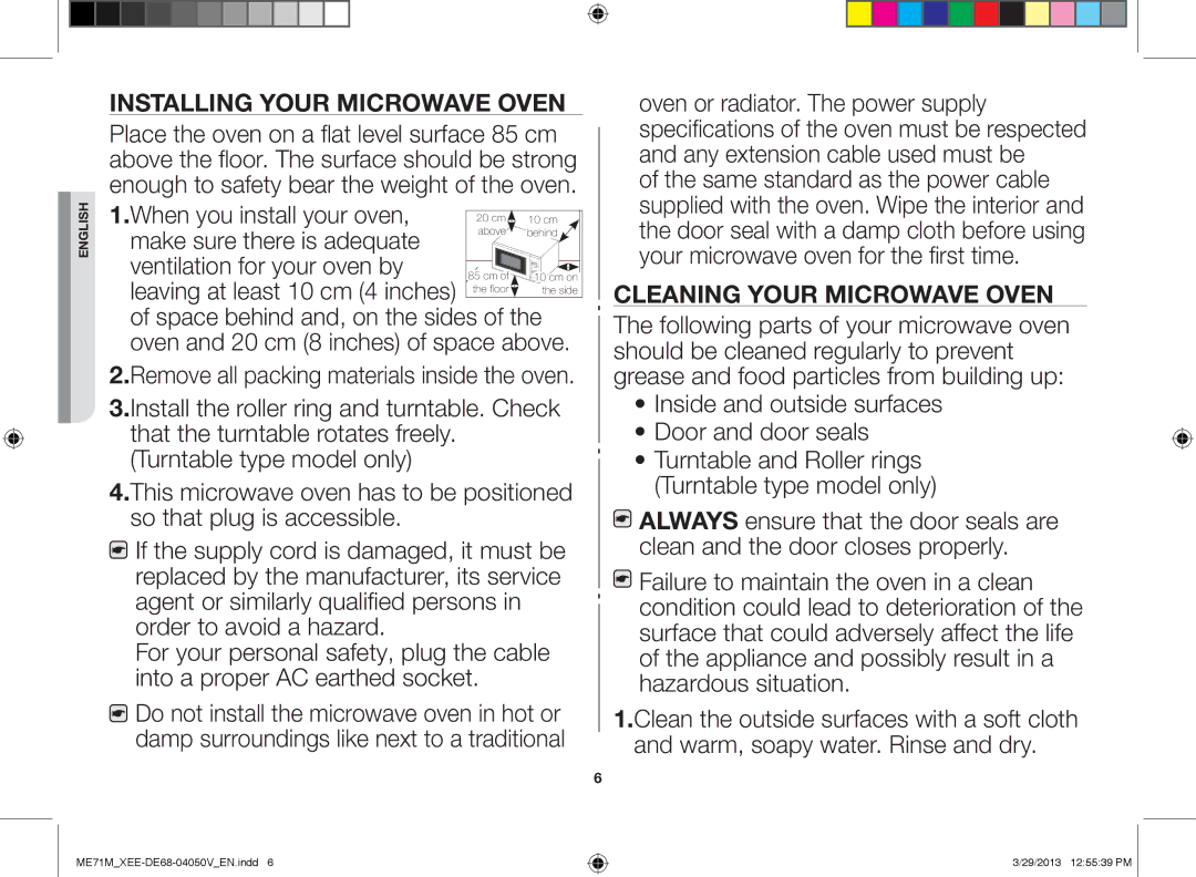 Samsung ME71M/XEE manual Installing your microwave oven, Cleaning your microwave oven 