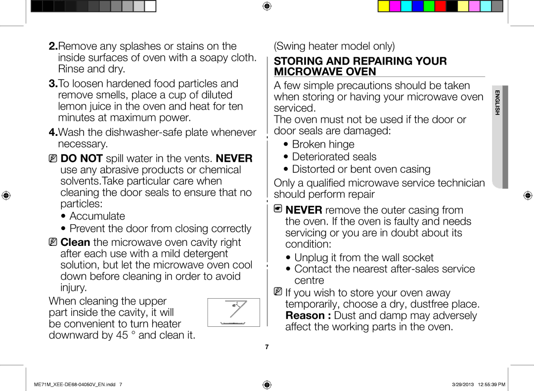 Samsung ME71M/XEE manual Swing heater model only, Storing and repairing your Microwave oven 