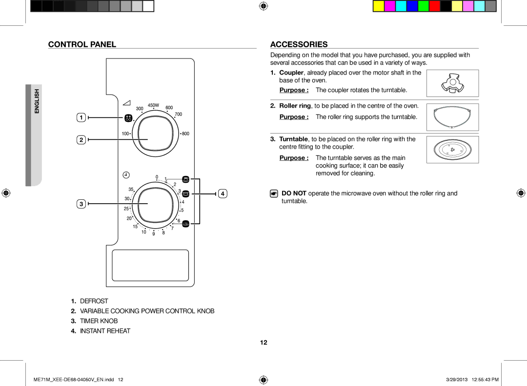 Samsung ME71M/XEE manual Control panel, Accessories 