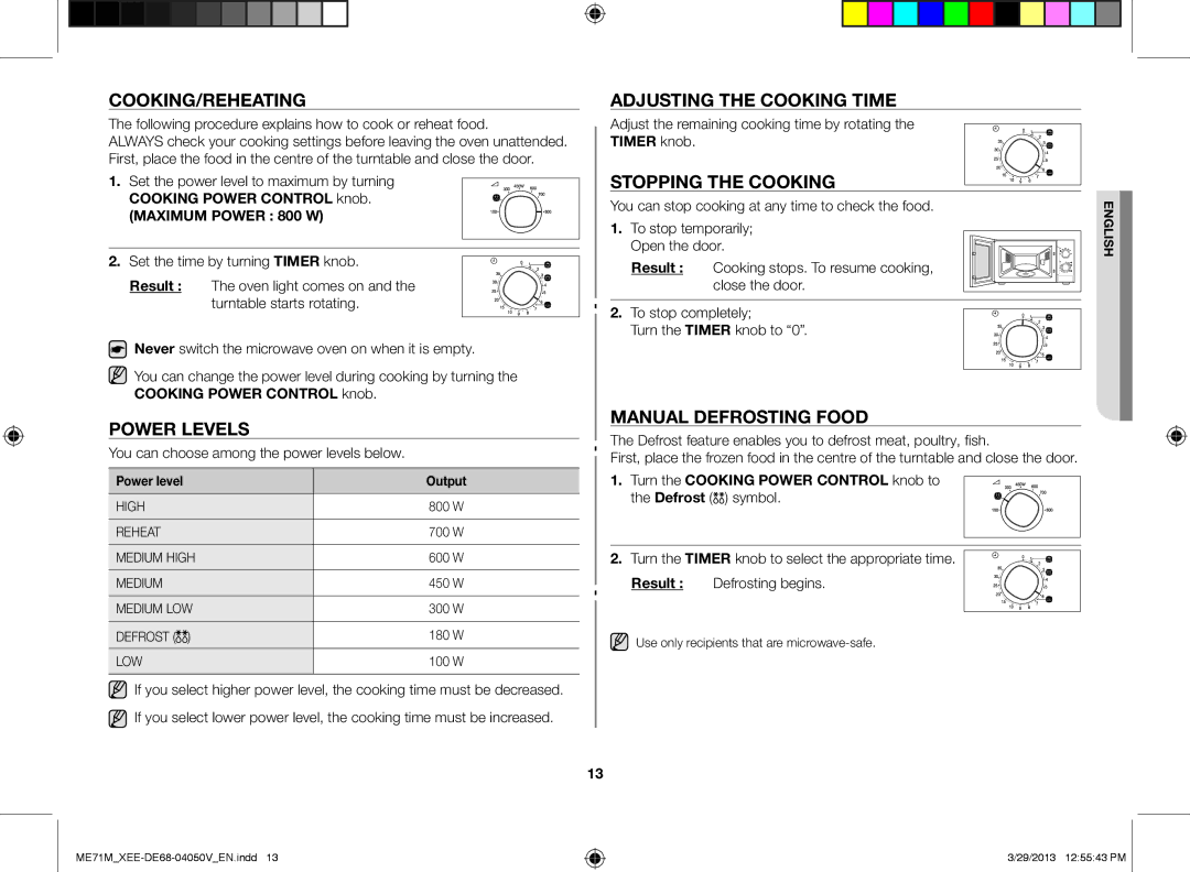 Samsung ME71M/XEE manual Cooking/Reheating, Power levels, Adjusting the cooking time, Stopping the cooking 