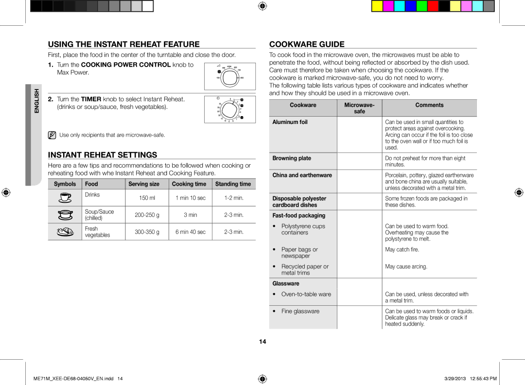 Samsung ME71M/XEE manual Using the instant reheat feature, Instant reheat settings, Cookware guide 