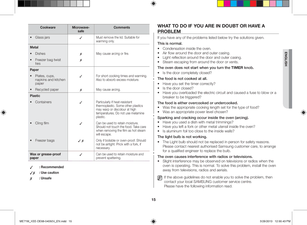 Samsung ME71M/XEE manual What to do if you are in doubt or have a problem, Paper, Plastic, Wax or grease-proof 