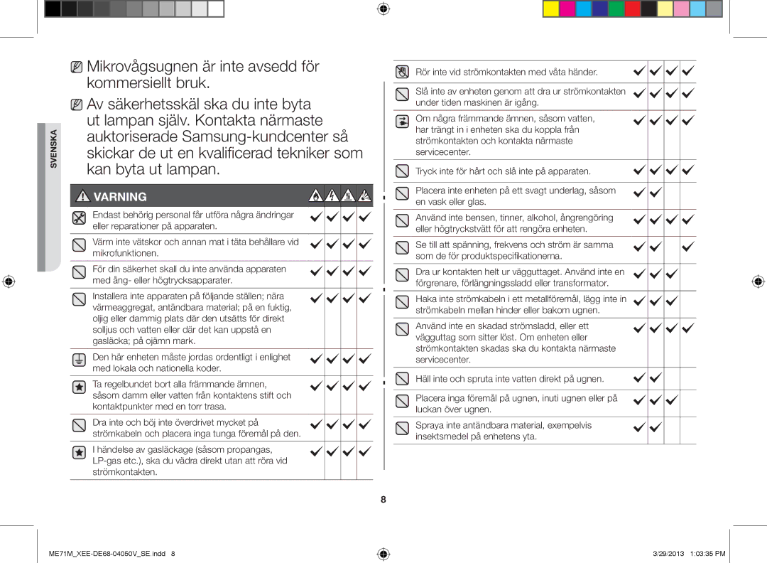 Samsung ME71M/XEE manual Varning 