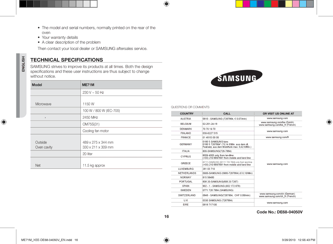 Samsung ME71M/XEE manual Technical specifications, Model 