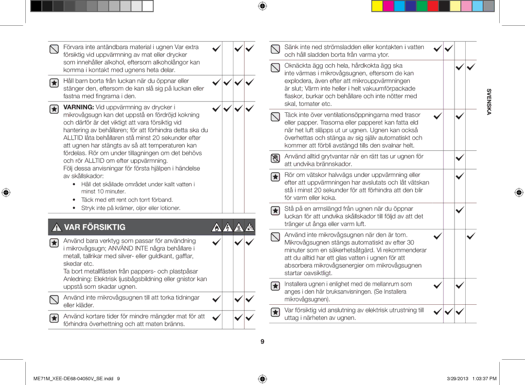 Samsung ME71M/XEE manual VAR Försiktig 