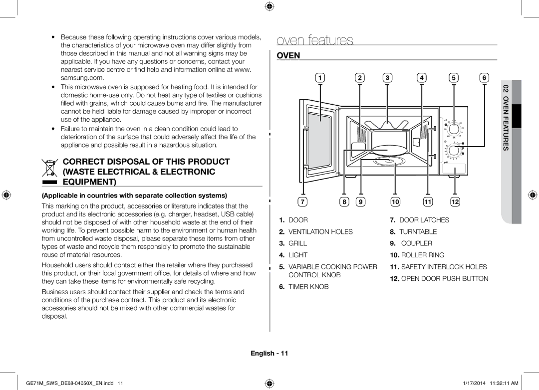 Samsung GE71M/SWS, ME71M/XEG manual Oven features 