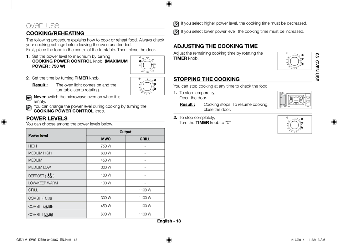 Samsung GE71M/SWS, ME71M/XEG Oven use, Cooking/Reheating, Power levels, Adjusting the cooking time, Stopping the cooking 