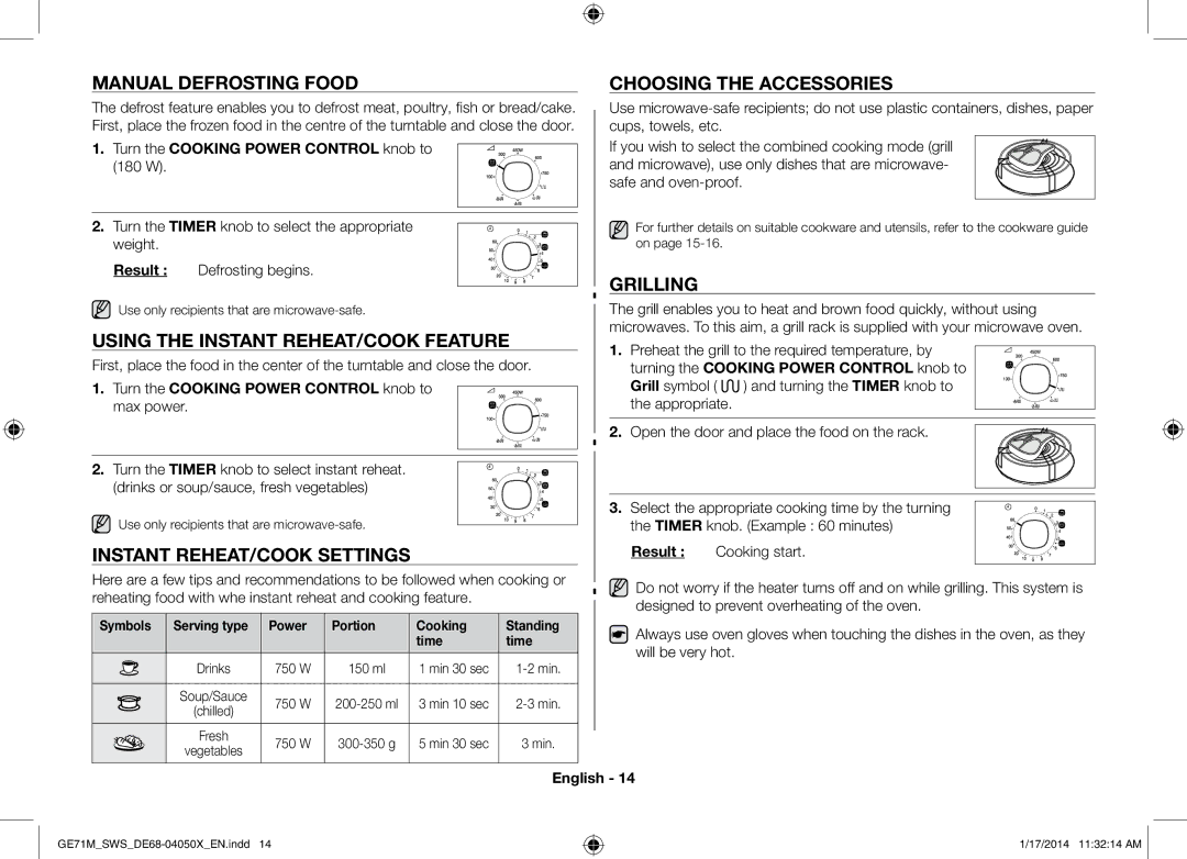 Samsung ME71M/XEG Manual defrosting food, Using the instant reheat/Cook feature, Instant reheat/Cook settings, Grilling 