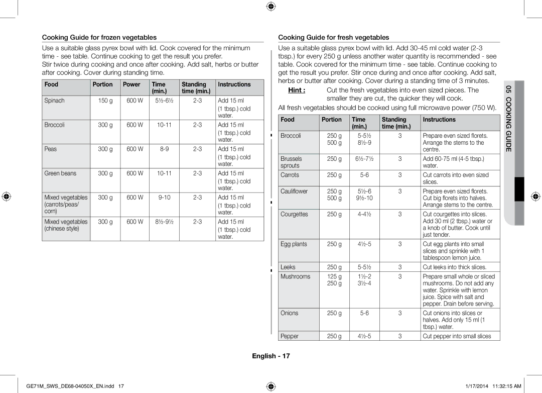 Samsung GE71M/SWS, ME71M/XEG manual Cooking Guide for frozen vegetables, Cooking Guide for fresh vegetables 