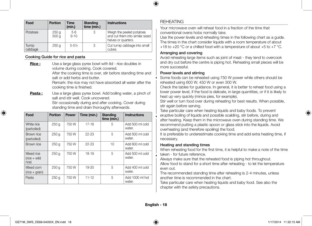 Samsung ME71M/XEG, GE71M/SWS manual Reheating, Food Portion Power Time min Standing Instructions 