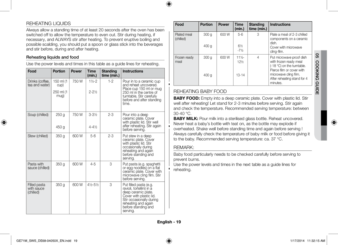 Samsung GE71M/SWS, ME71M/XEG manual Reheating Liquids, Reheating Baby Food, Remark 