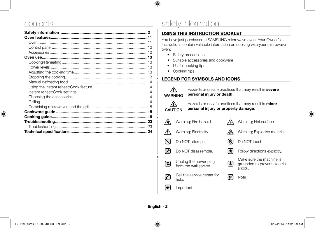 Samsung ME71M/XEG, GE71M/SWS manual Safety information, Contents 