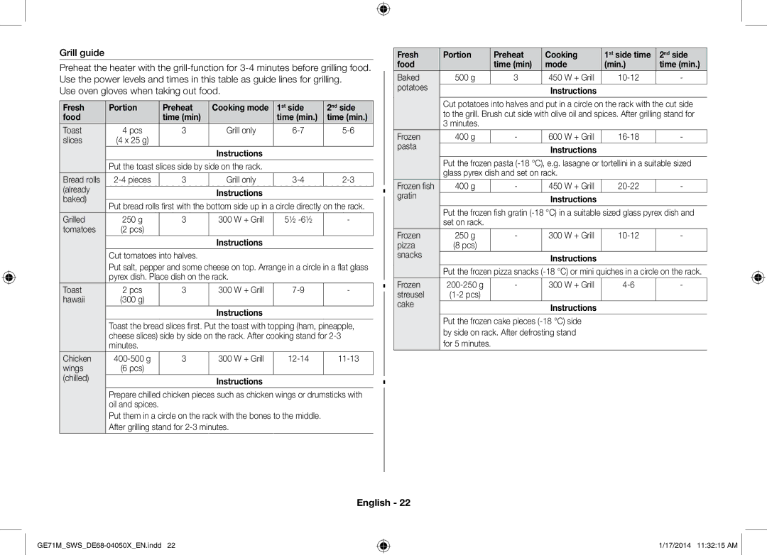 Samsung ME71M/XEG, GE71M/SWS manual Grill guide, Use oven gloves when taking out food 