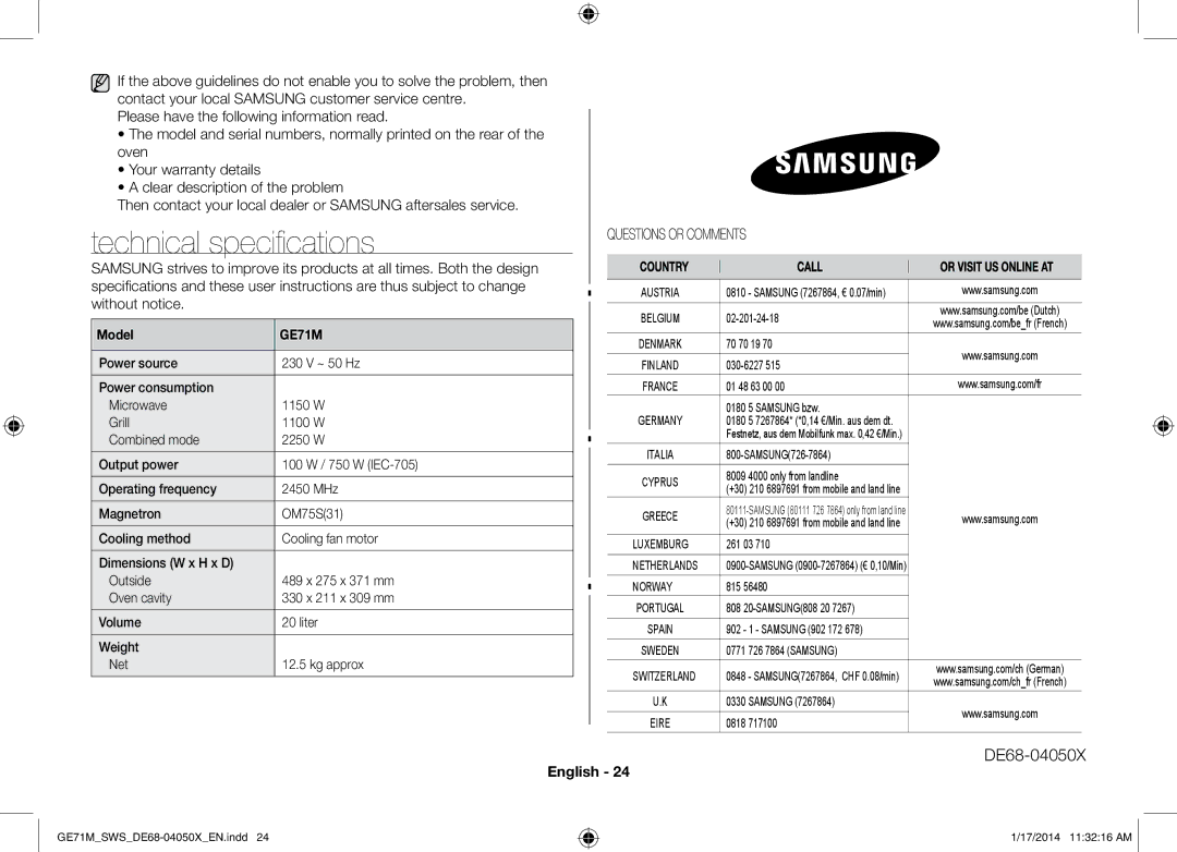 Samsung ME71M/XEG, GE71M/SWS manual Technical specifications, Model 