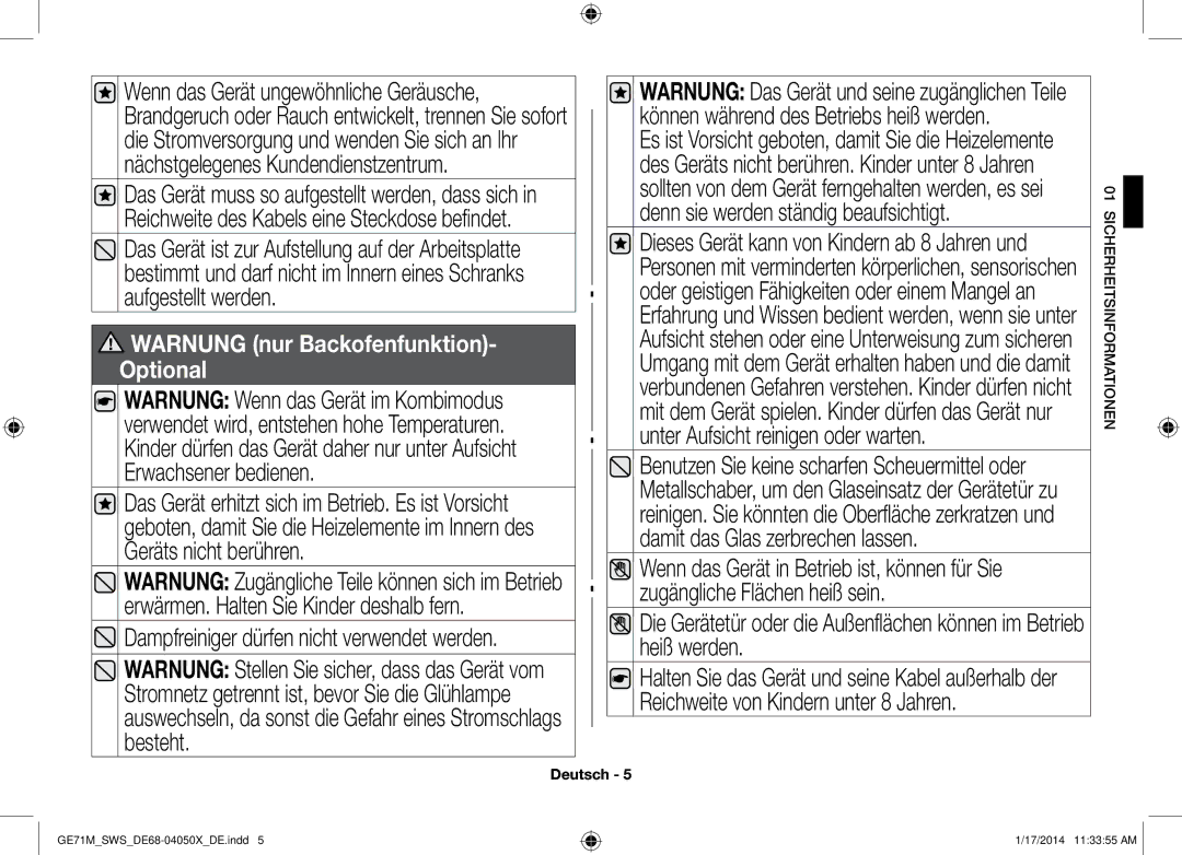 Samsung GE71M/SWS, ME71M/XEG manual Warnung nur Backofenfunktion- Optional 