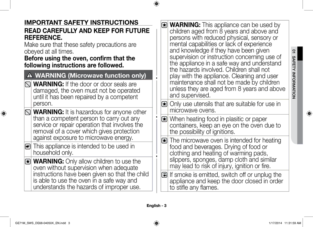 Samsung GE71M/SWS, ME71M/XEG manual Read Carefully and Keep for Future Reference 