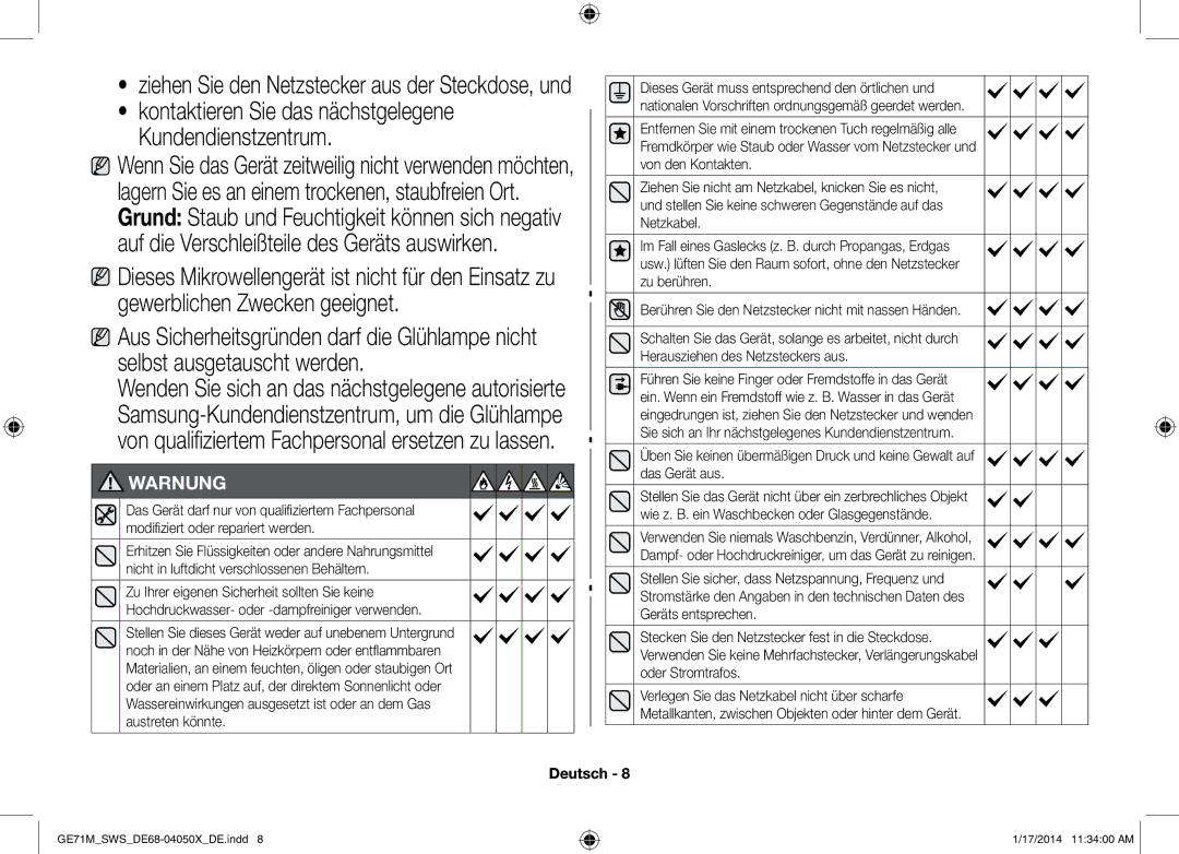 Samsung ME71M/XEG, GE71M/SWS manual Ziehen Sie den Netzstecker aus der Steckdose, und 