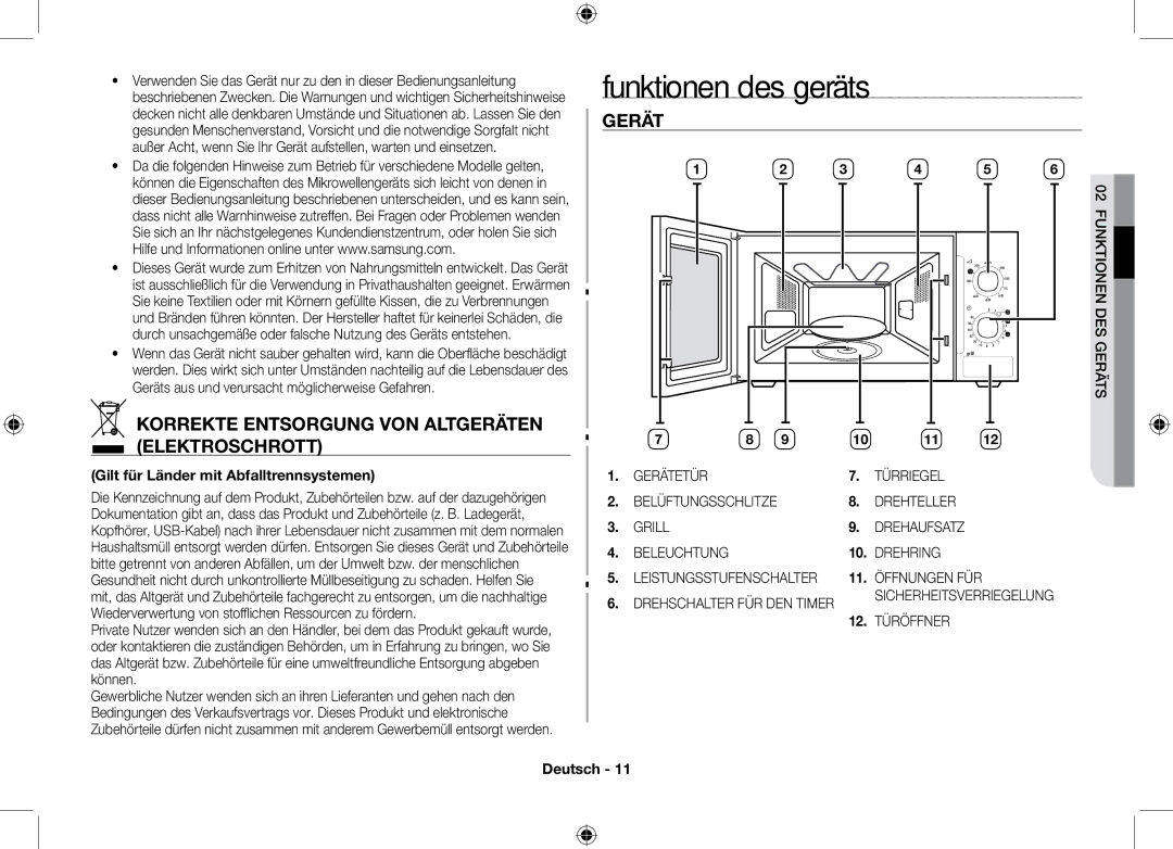 Samsung GE71M/SWS, ME71M/XEG manual Funktionen des geräts, Korrekte Entsorgung von Altgeräten Elektroschrott, Gerät 