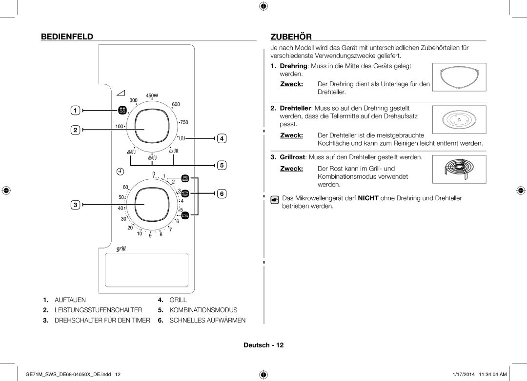 Samsung ME71M/XEG, GE71M/SWS manual Bedienfeld, Zubehör 