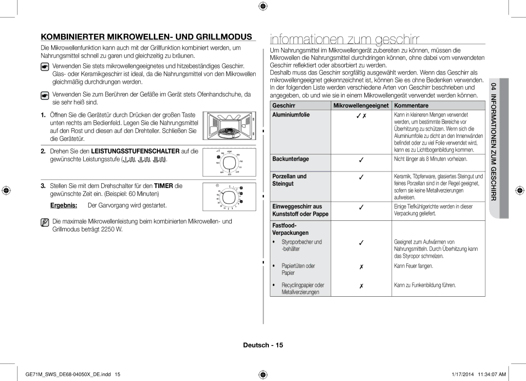 Samsung GE71M/SWS manual Informationen zum geschirr, Kombinierter Mikrowellen- und Grillmodus, Gewünschte Leistungsstufe 