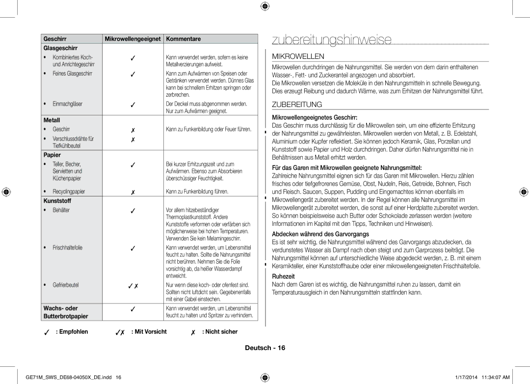 Samsung ME71M/XEG, GE71M/SWS manual Zubereitungshinweise, Mikrowellen 