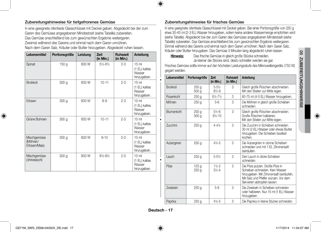 Samsung GE71M/SWS Zubereitungshinweise für tiefgefrorenes Gemüse, Zubereitungshinweise für frisches Gemüse, Lebensmittel 