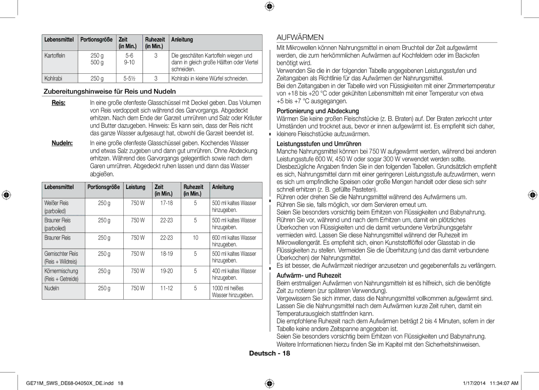 Samsung ME71M/XEG, GE71M/SWS manual Aufwärmen, Zubereitungshinweise für Reis und Nudeln, Leistung Zeit Ruhezeit Anleitung 