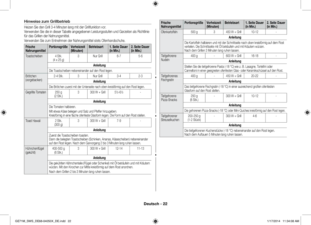 Samsung ME71M/XEG, GE71M/SWS manual Frische, Betriebsart, Minuten, Nur Grill 