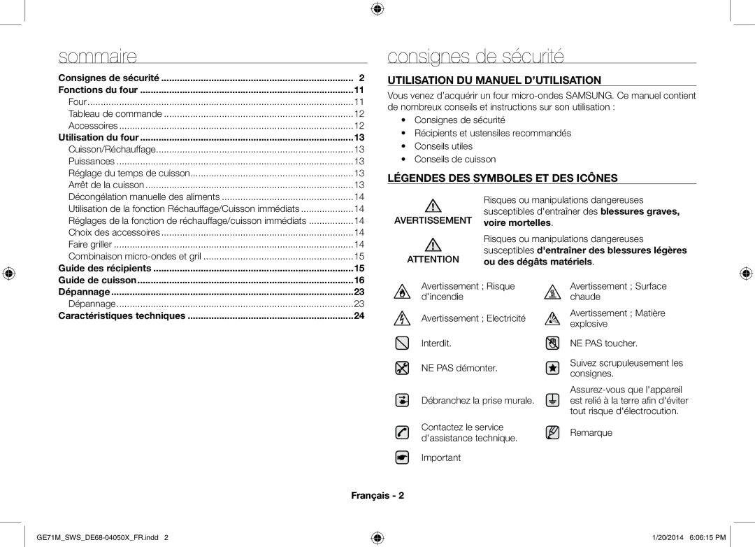 Samsung ME71M/XEG, GE71M/SWS manual Consignes de sécurité 