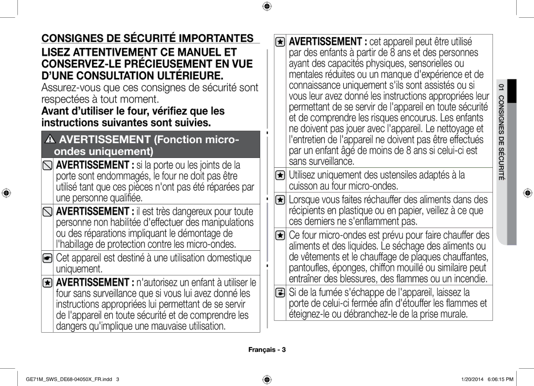 Samsung GE71M/SWS, ME71M/XEG manual Avertissement Fonction micro- ondes uniquement 