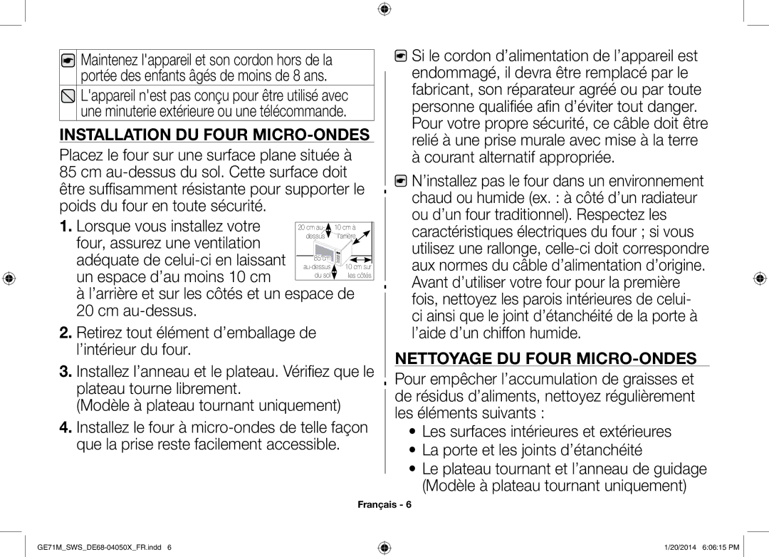 Samsung ME71M/XEG, GE71M/SWS manual Installation du four micro-ondes 