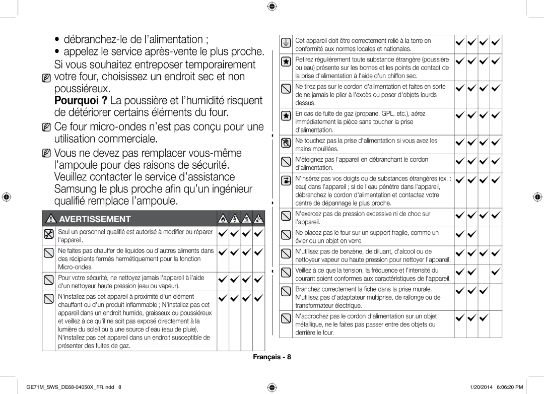 Samsung ME71M/XEG, GE71M/SWS manual Débranchez-le de l’alimentation, Poussiéreux 