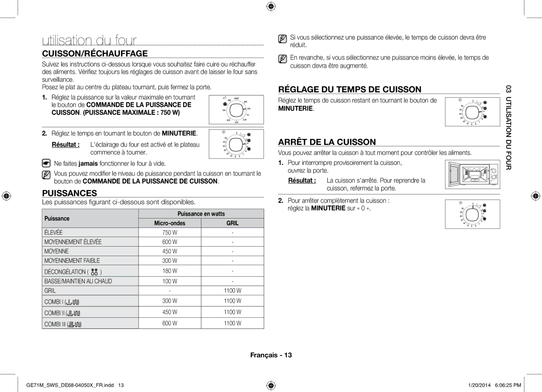 Samsung GE71M/SWS Utilisation du four, Cuisson/Réchauffage, Puissances, Réglage du temps de cuisson, Arrêt de la cuisson 