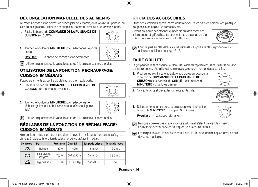 Samsung ME71M/XEG manual Décongélation manuelle des aliments, Utilisation de la fonction Réchauffage/ Cuisson immédiats 